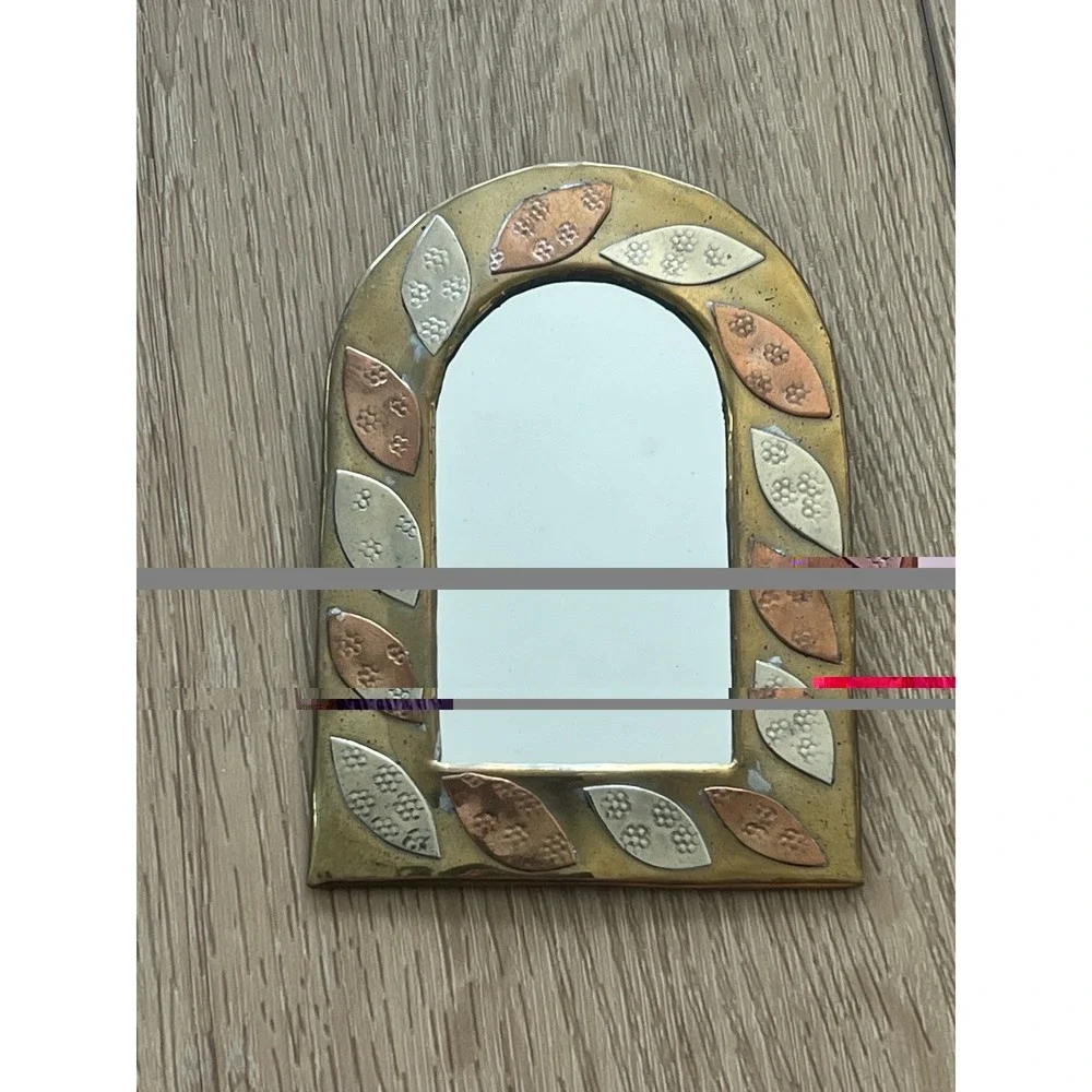 Vtg Moroccan Mini Mirror Handmade Brass Wall Hang Copper Silver Brass Arch 4.5